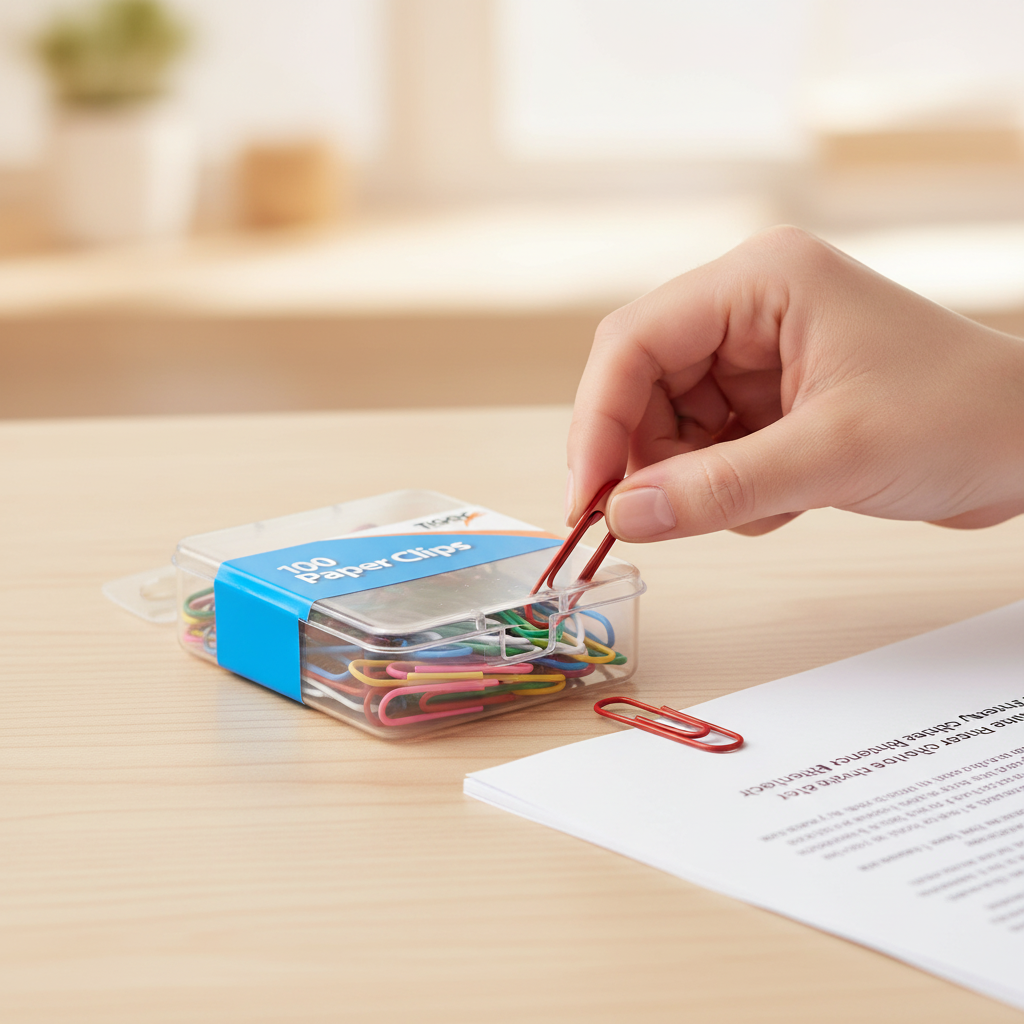 Woman's hand picking a red paper clip from Tiger Stationery assorted colour paper clips box to clip onto a document on a wooden desk