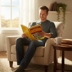 Man relaxing at home with the Compact A5 Crossword Puzzle Book and a cup of tea at golden hour