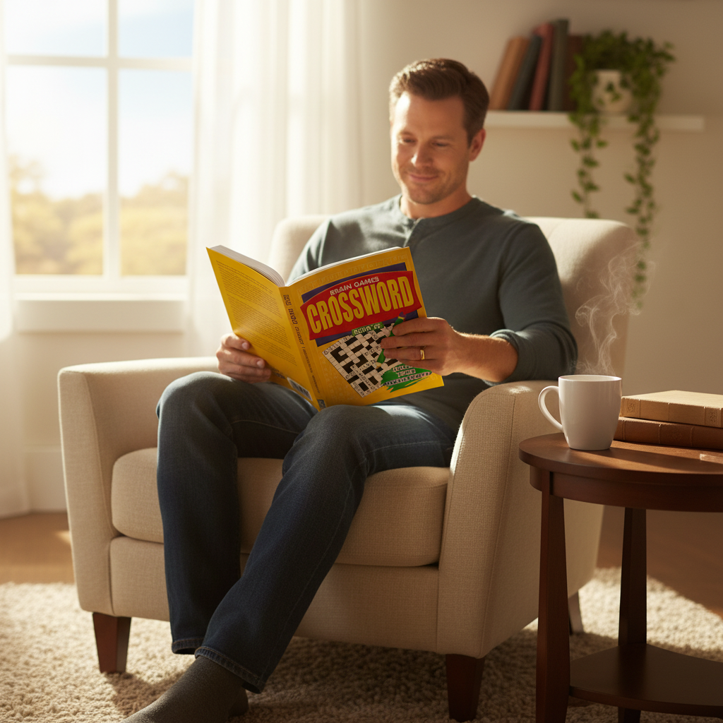 Man relaxing at home with the Compact A5 Crossword Puzzle Book and a cup of tea at golden hour