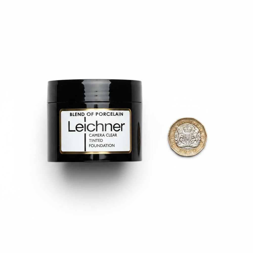 Leichner Camera Clear Foundation Porcelain jar beside a British pound coin on white background showing product size
