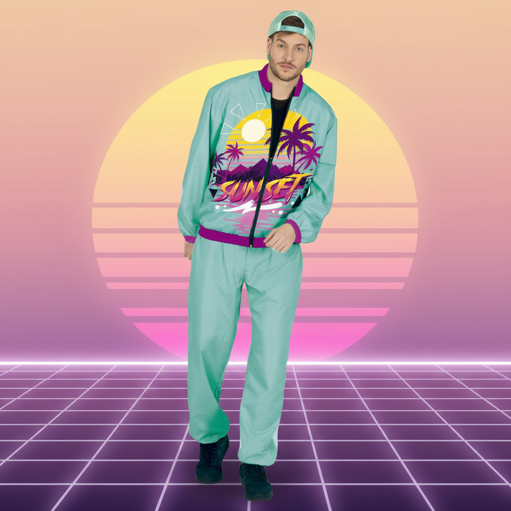 Mens 90s Sunset Tracksuit Large in teal with vibrant palm tree sunset graphic on retro background