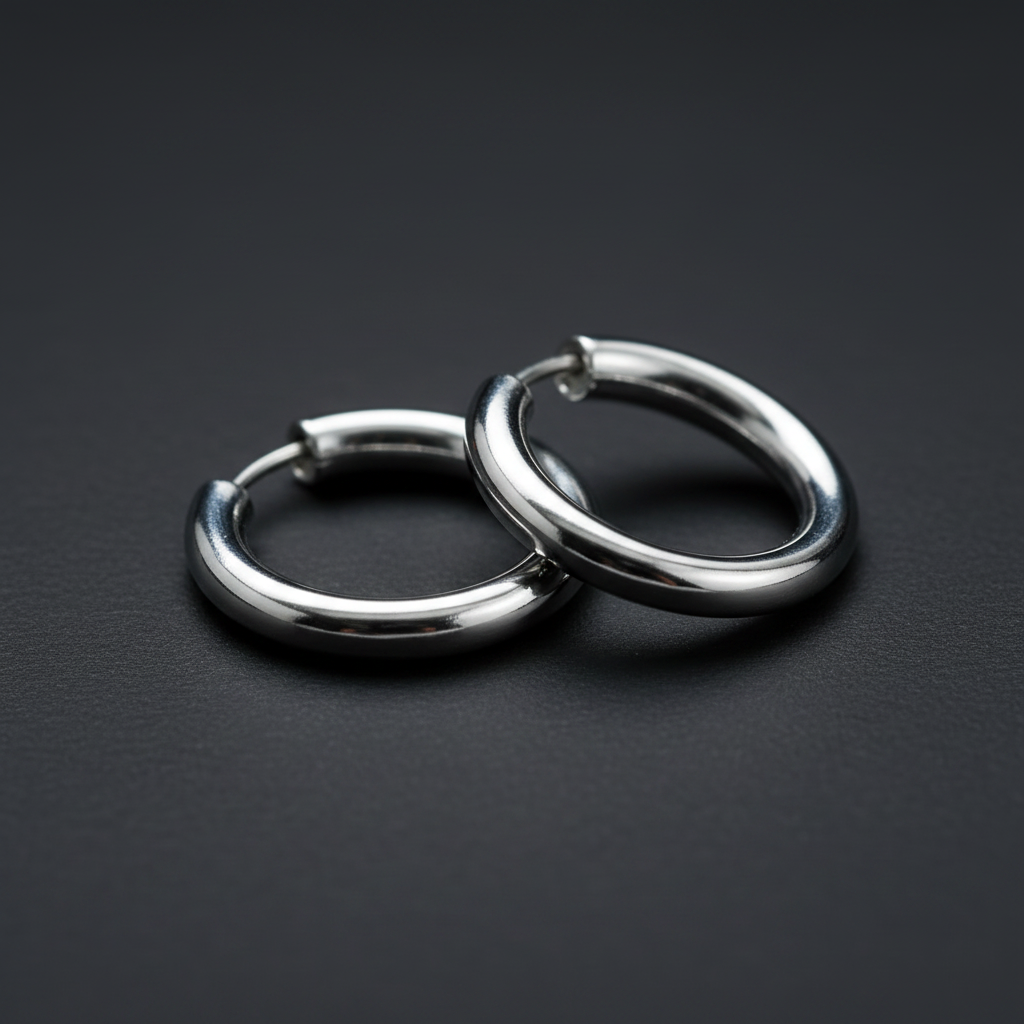Extreme macro close-up of silver chrome clip-on fake hoop piercing rings showing metallic chrome finish, clip-on mechanism detail and circular hoop shape in sharp focus with soft bokeh background