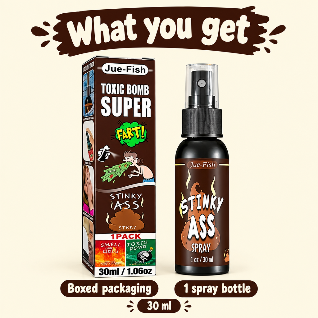 Toxic Bomb fart spray contents graphic showing one 30 ml spray bottle and its box.