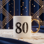 Art Deco 80th birthday gift mug in white blue and gold with elegant gift box presentation