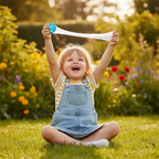 Young child playing with bouncing putty outdoors in sunny garden