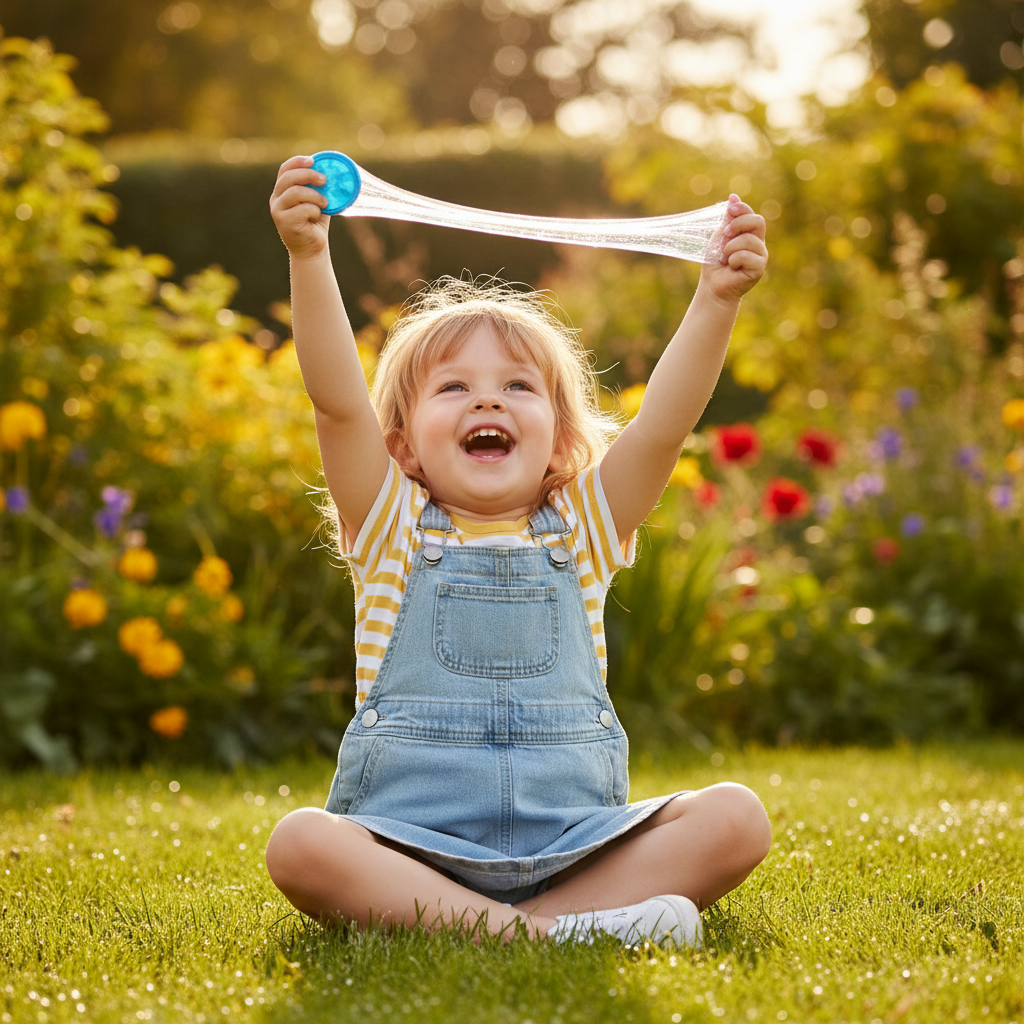 Young child playing with bouncing putty outdoors in sunny garden