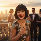 Woman wearing sleek black bob wig at a golden hour glamorous evening party — bold diva aspirational lifestyle