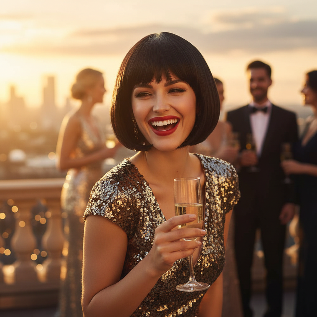 Woman wearing sleek black bob wig at a golden hour glamorous evening party — bold diva aspirational lifestyle
