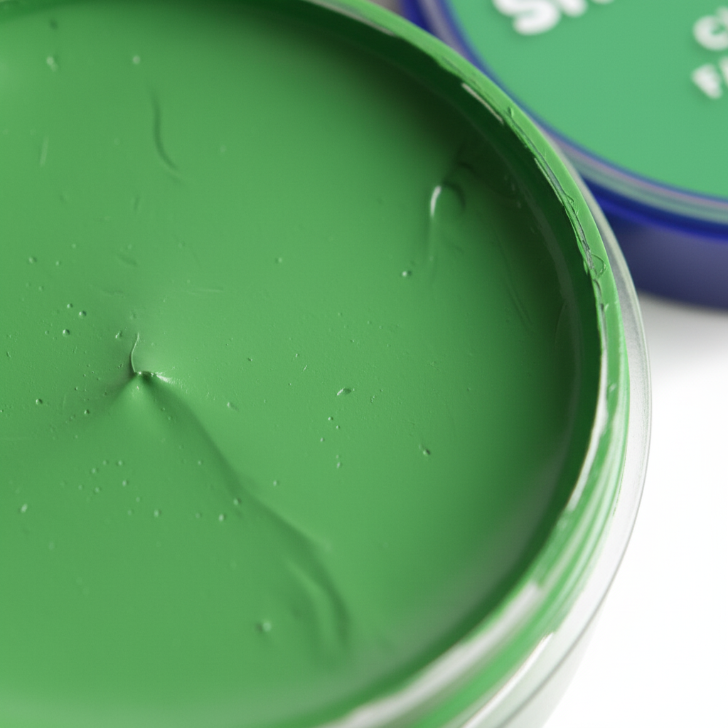 Extreme macro close-up of Snazaroo Bright Green face paint surface showing smooth creamy texture and premium pigment quality