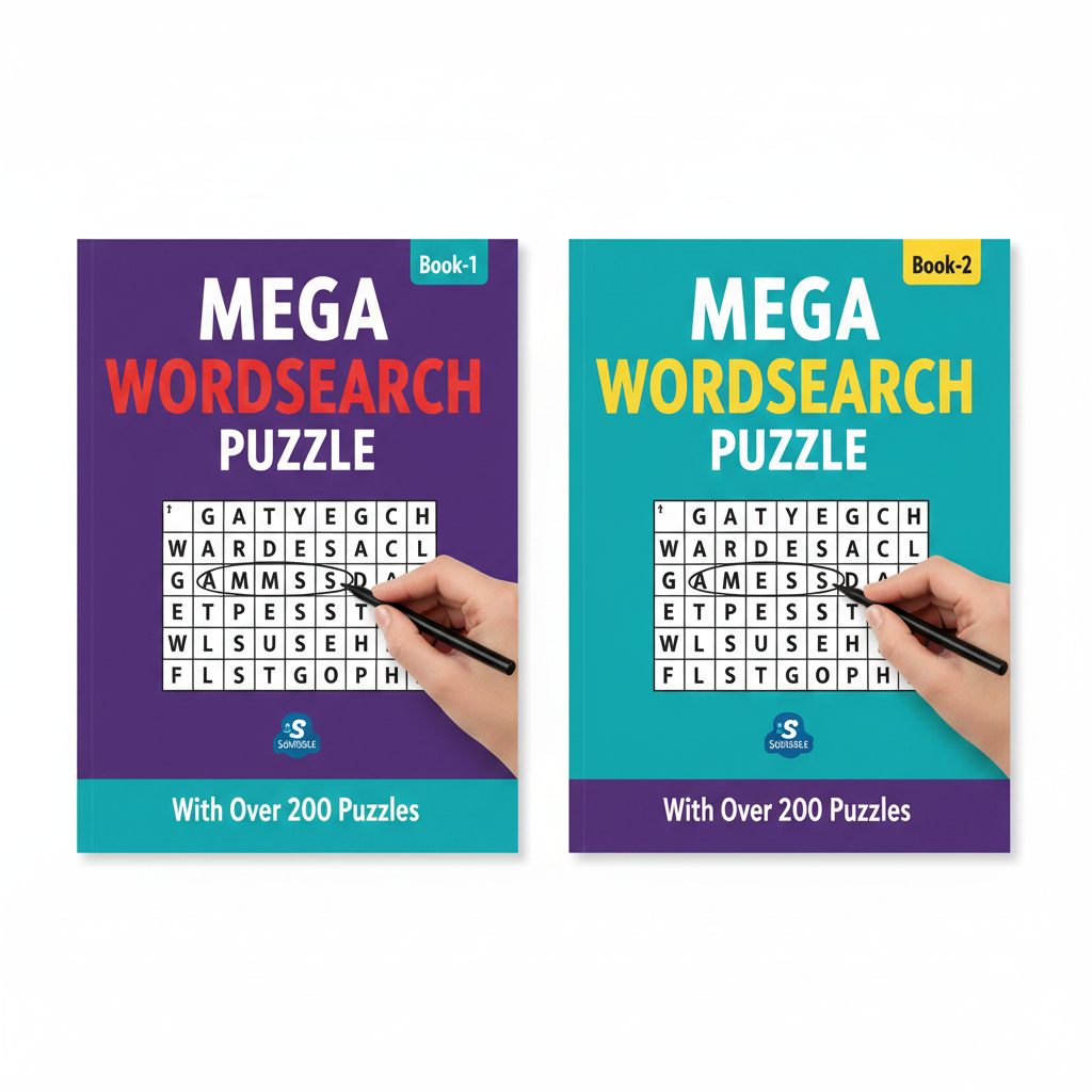 Two A5 Mega Wordsearch Puzzle Books, Book 1 purple cover and Book 2 teal cover, on white background