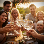 Joyful 70th birthday celebration toast with Art Deco gin glass in golden hour light