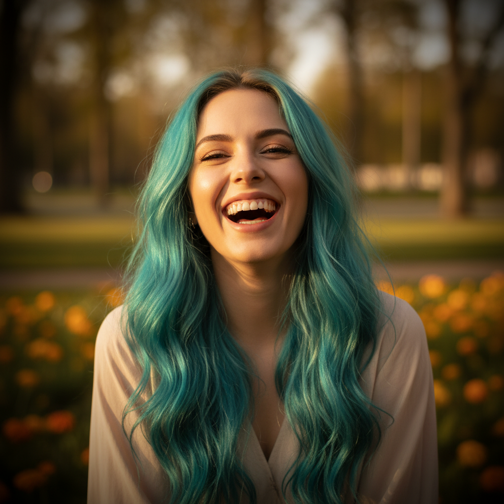 Woman with vibrant turquoise hair laughing in golden hour light, showcasing La Riche Directions Turquoise hair colour result