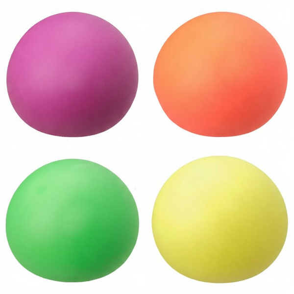 Four neon squishy balls in purple, orange, green and yellow on a pure white background — Amazon and eBay hero shot