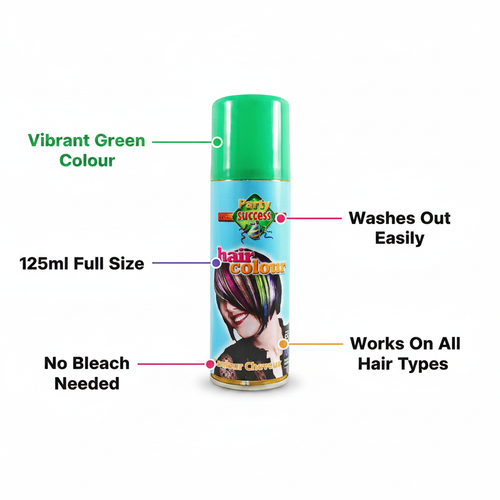 Party Success Green Temporary Hair Colour Spray 125ml feature infographic showing key benefits and callout labels