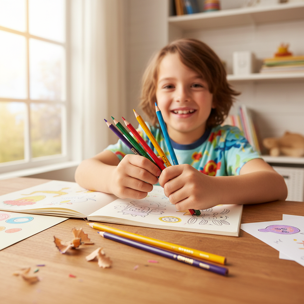 Child happily drawing with Cre8 colouring pencils at desk, creative art activity