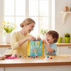 Mum and child filling Easter Bunny Gift Bag with chocolate eggs and Easter treats at home
