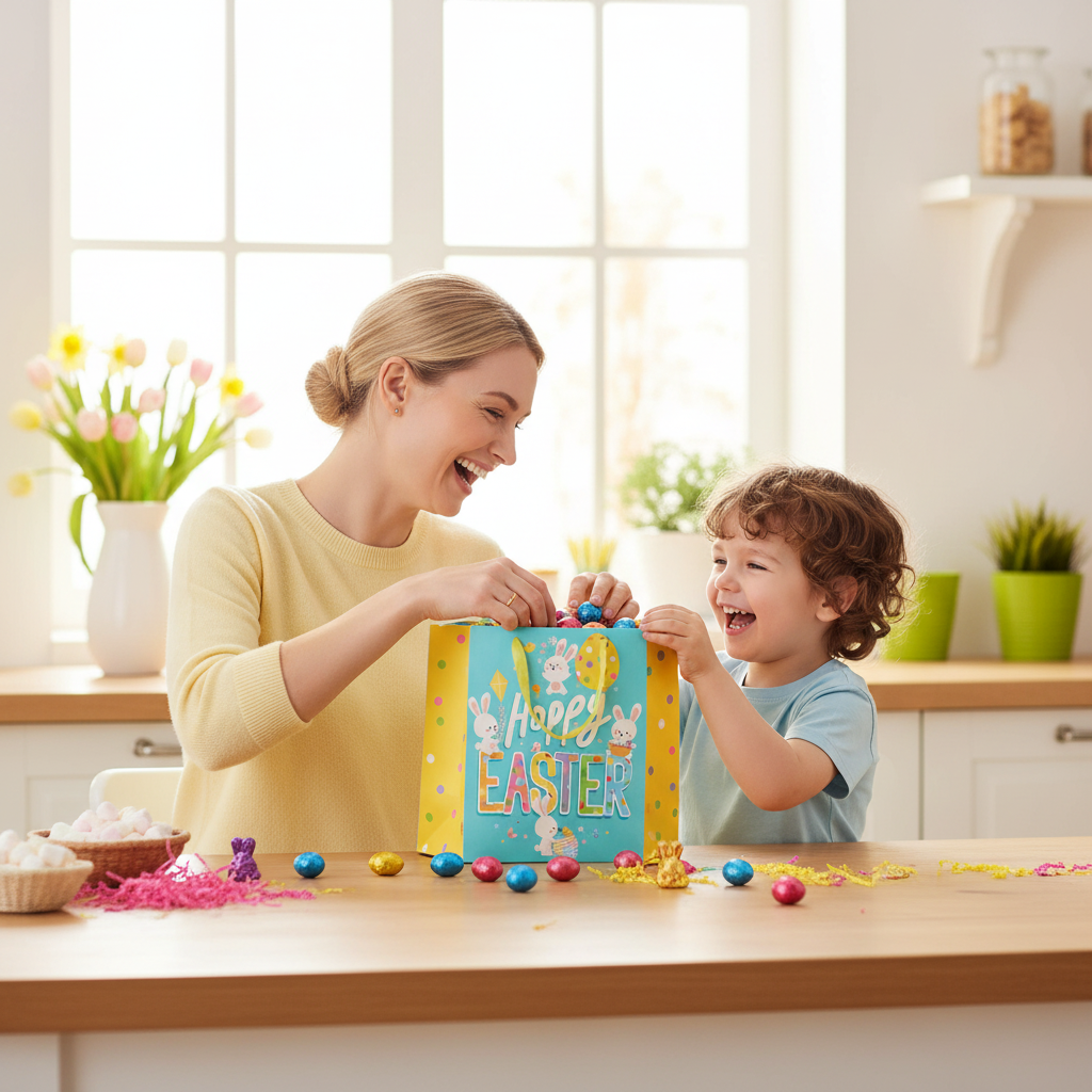 Mum and child filling Easter Bunny Gift Bag with chocolate eggs and Easter treats at home