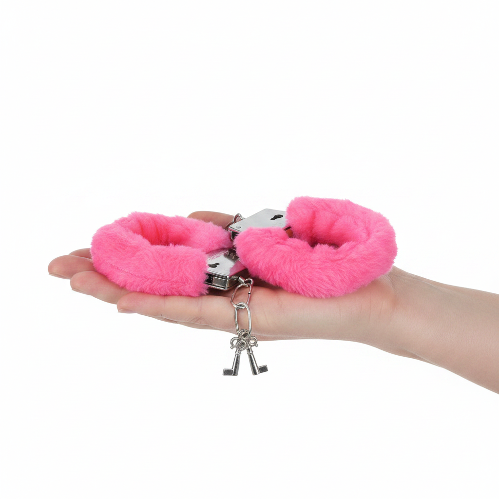 Pink fur hen party handcuffs held in hand to show size with silver keys