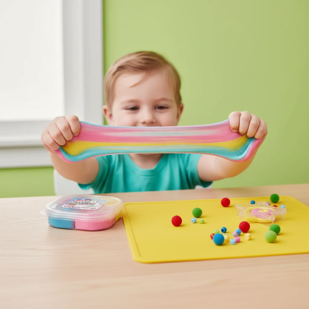 Happy child stretching and playing with colorful Magical Putty for sensory development