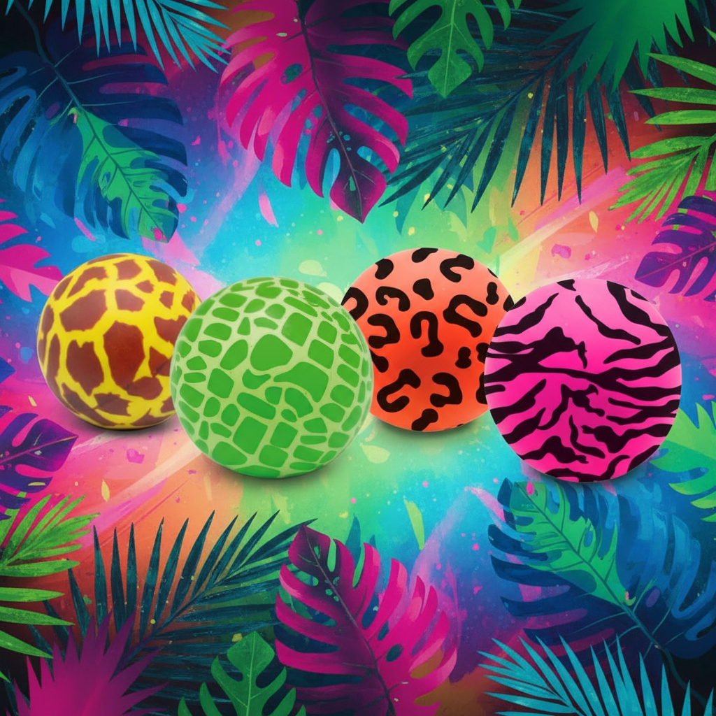 Scrunchems Neon Safari Squish Stress Ball all four designs on vibrant jungle-themed background with tropical leaves