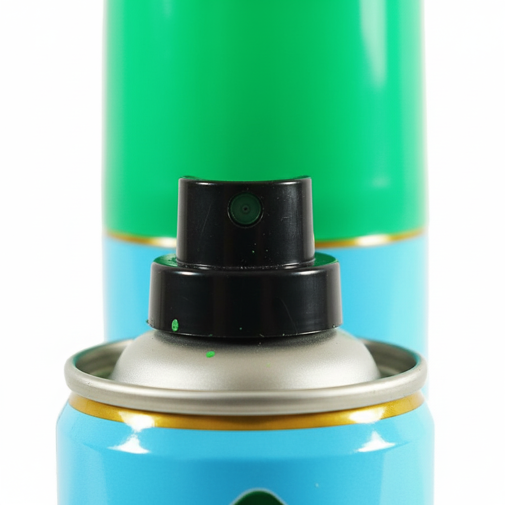 Extreme macro close-up of the vivid Kelly green cap and nozzle of the Party Success Hair Colour Spray showing glossy finish and quality
