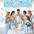 Happy family celebrating christening with blue holographic banner decoration at party