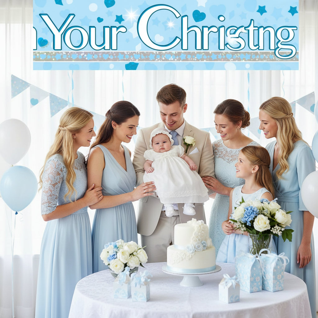 Happy family celebrating christening with blue holographic banner decoration at party