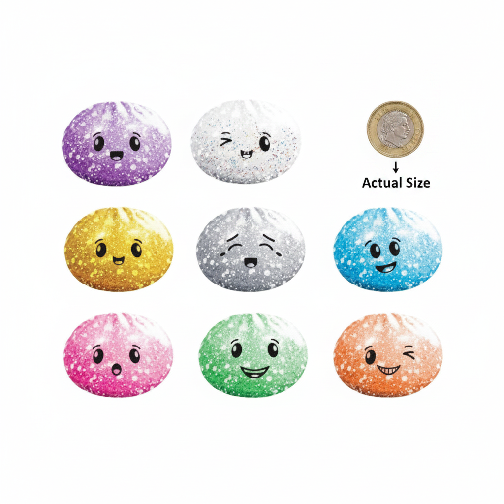 All 8 mini glitter bao bun squishies laid flat beside a British £1 coin on white background to show actual pocket size