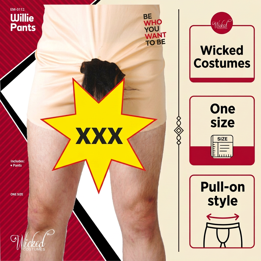 Promotional graphic for Wicked Costumes 'Willie Pants' in one size. The image shows a model's lower body wearing the beige pull-on underwear, with the shorts pulled up to reveal the censored area.
