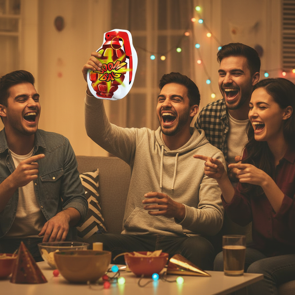 Friends laughing hysterically after successful HTI Boom Bomb Bag prank, warm candid party atmosphere