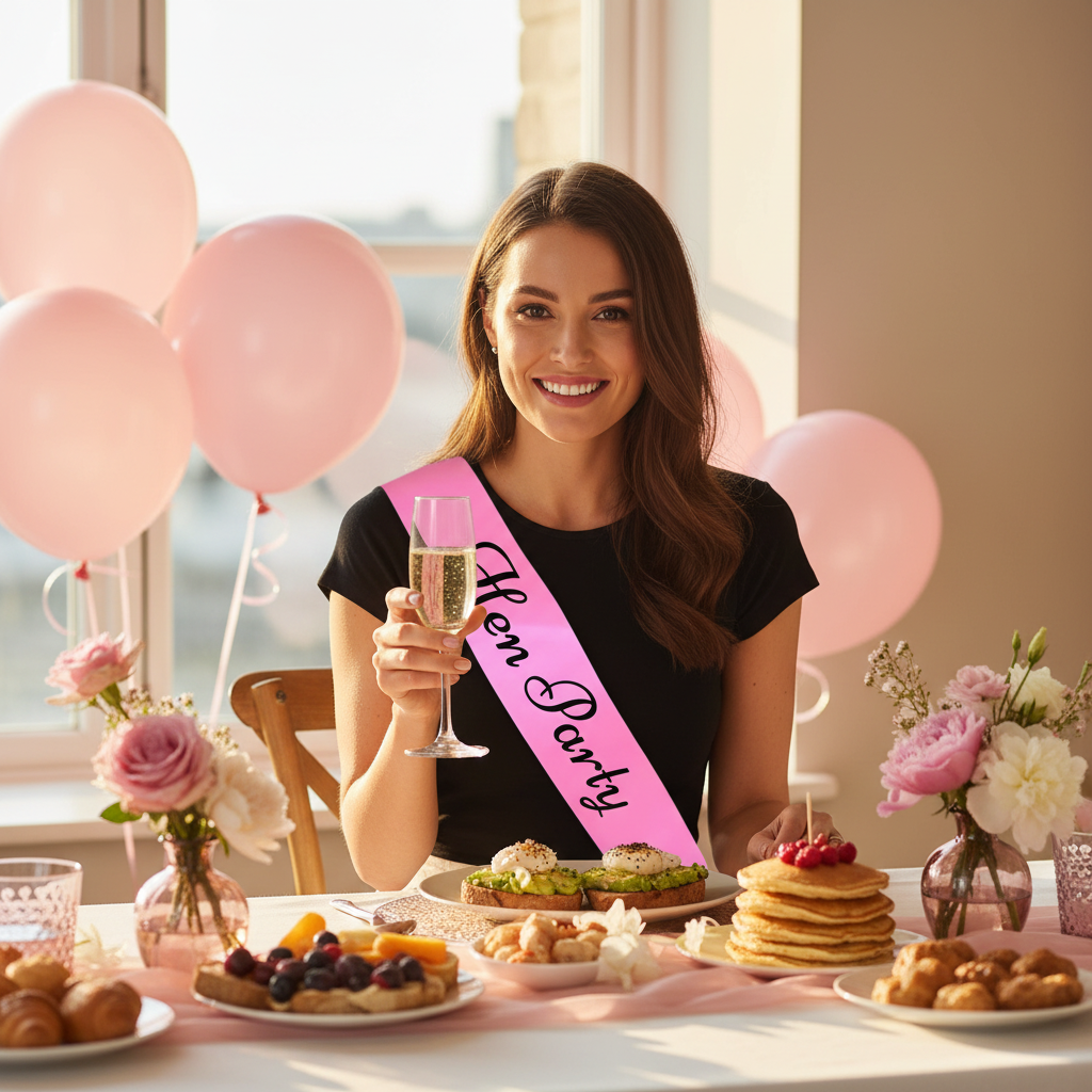 Bride-to-be wearing pink hen party sash at a hen party brunch in golden hour light