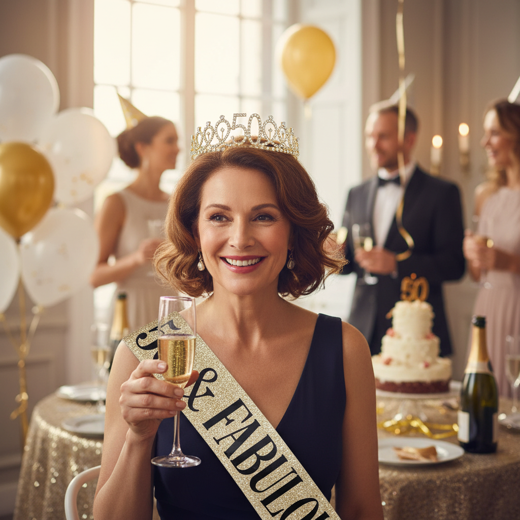 Happy woman celebrating 50th birthday wearing gold diamante tiara and 50 & Fabulous sash at party