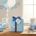 Wrapped baby boy gift with blue giraffe wrapping paper at baby shower celebration