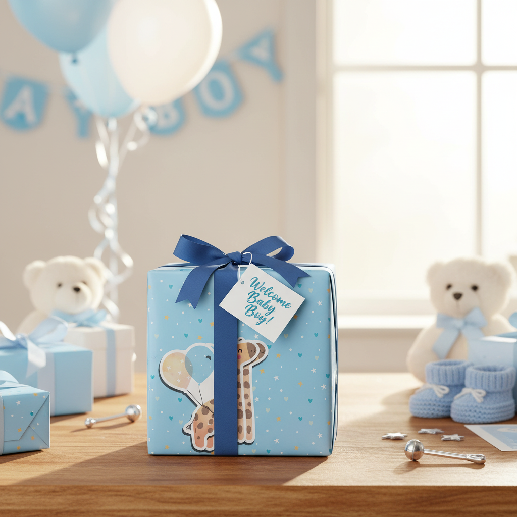 Wrapped baby boy gift with blue giraffe wrapping paper at baby shower celebration