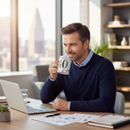 Professional man celebrating 40th birthday with Art Deco gift mug at office