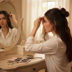 Woman using Glamorize dark brown hair grips to pin up her brunette hair into a chic updo at a dressing table