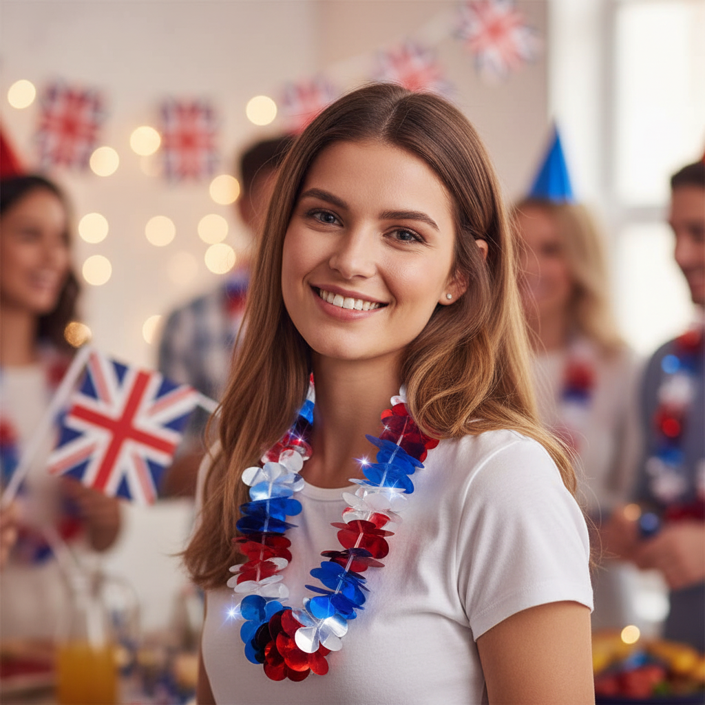 Woman wearing metallic red, white and blue Hawaiian lei with foil shimmer at a patriotic British party