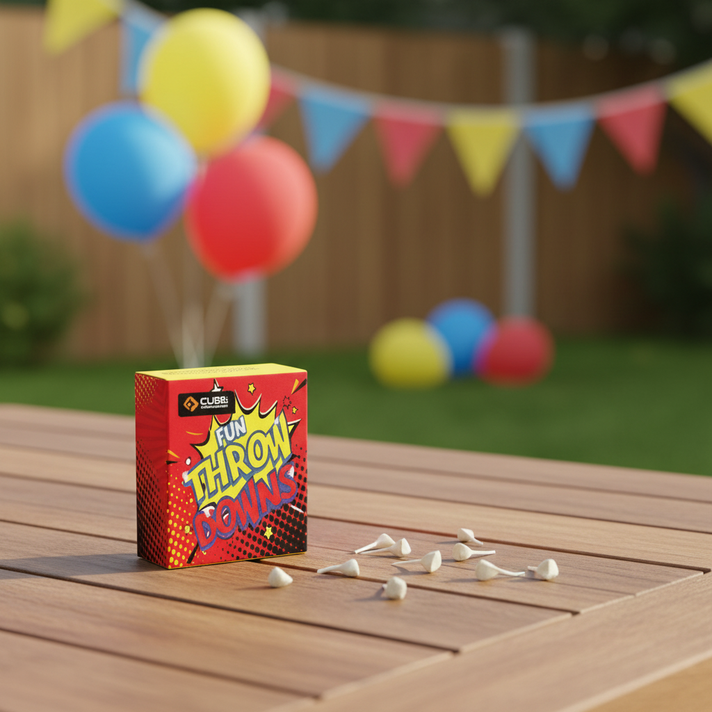 Cube Fun Throw Downs single box on wooden garden table at a children's birthday party with balloons in soft background