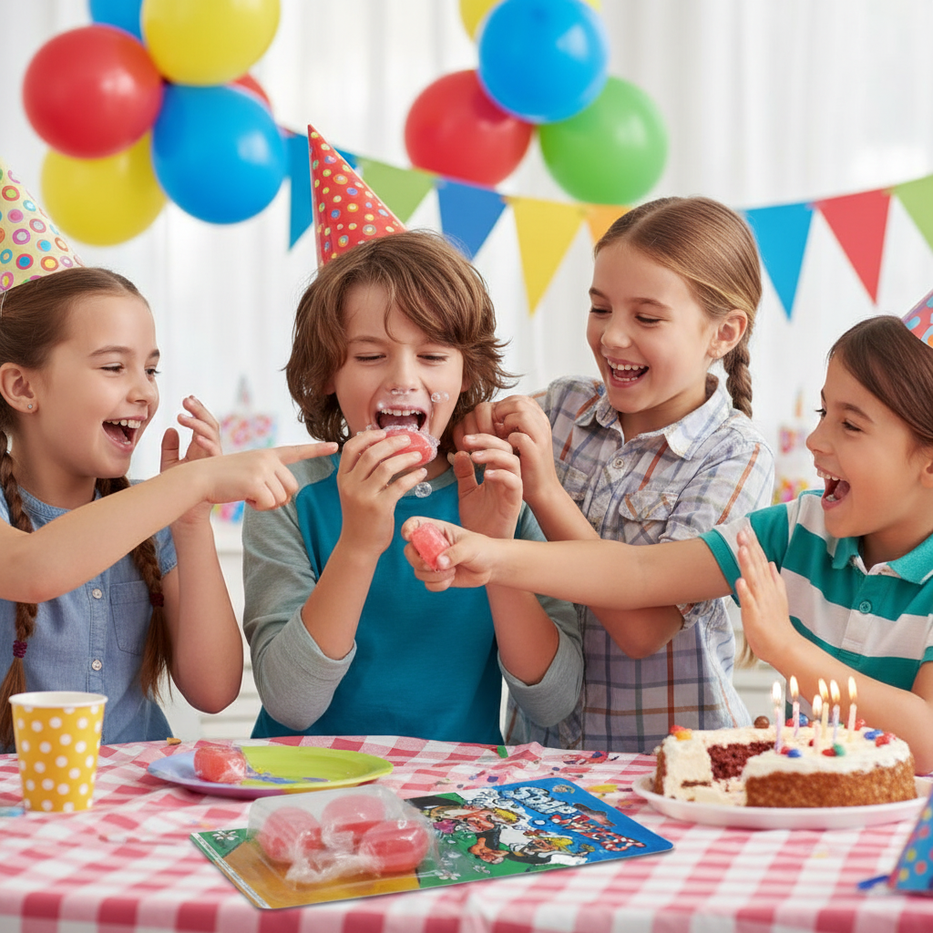 Children laughing at a birthday party with Joke Soap Sweets Pack of 3 prank gift