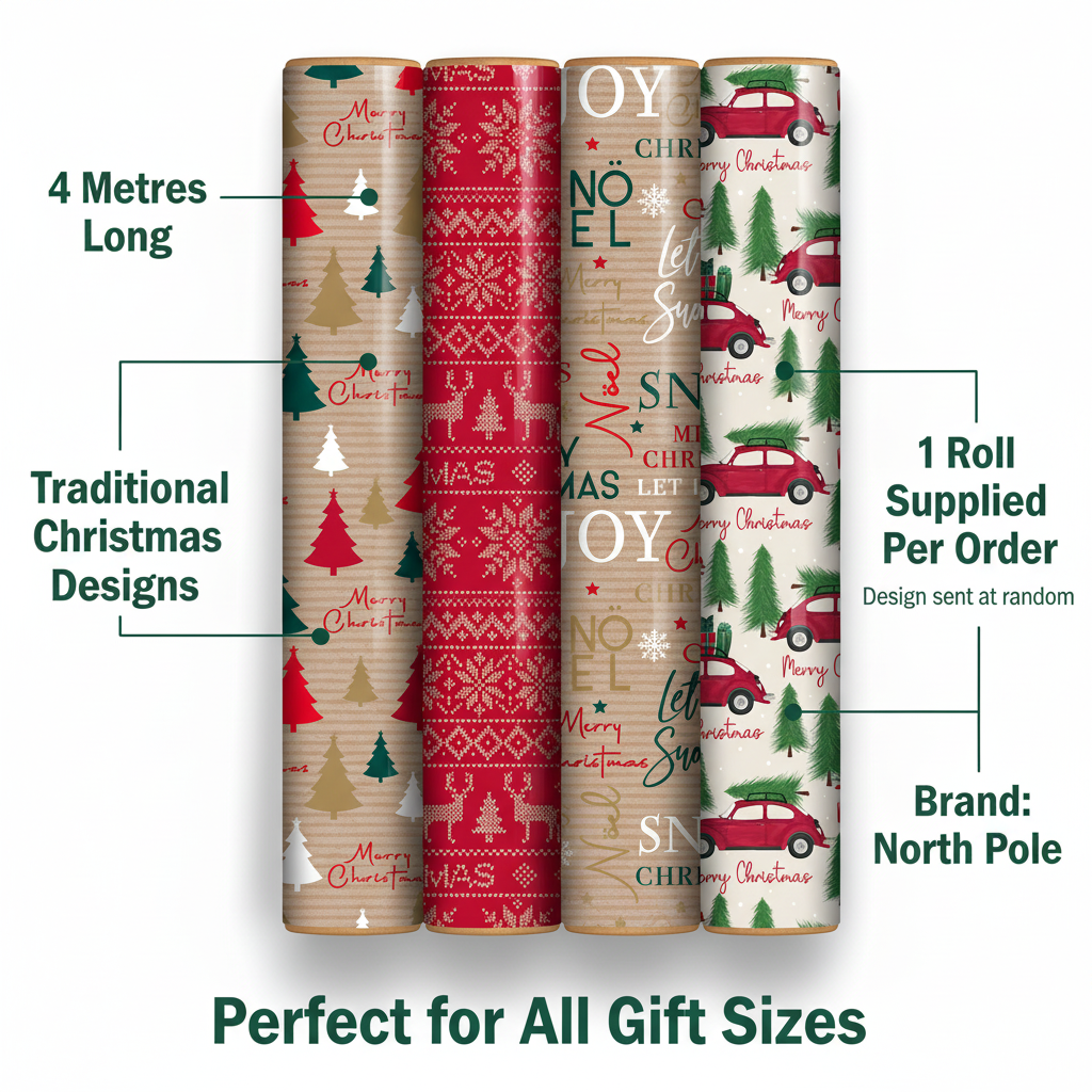 North Pole Christmas Wrapping Paper Roll 4m — feature infographic showing 4m length, traditional designs, 1 roll per order