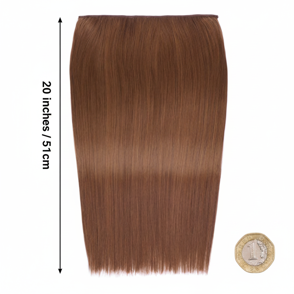 20 inch caramel brown clip-in hair extension flat lay beside a £1 coin showing full length scale