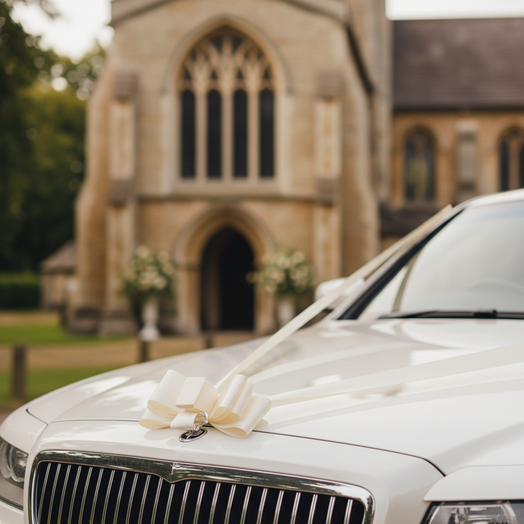 Close-up of ivory wedding ribbon and pull bow decorating a white wedding car bonnet