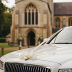 Close-up of ivory wedding ribbon and pull bow decorating a white wedding car bonnet
