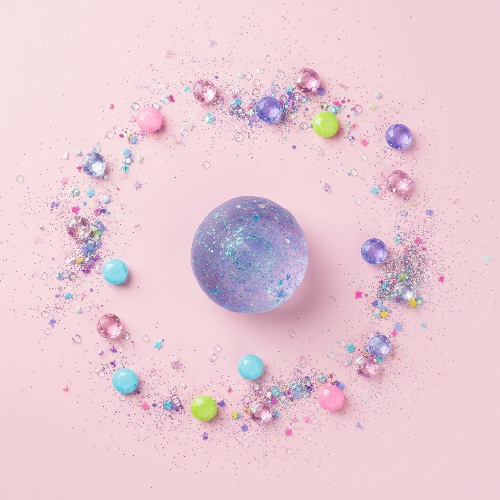 Scrunchems Sugar Diamond Squishie Glitter Toy flat lay with glitter confetti and gems - Why Not Shop
