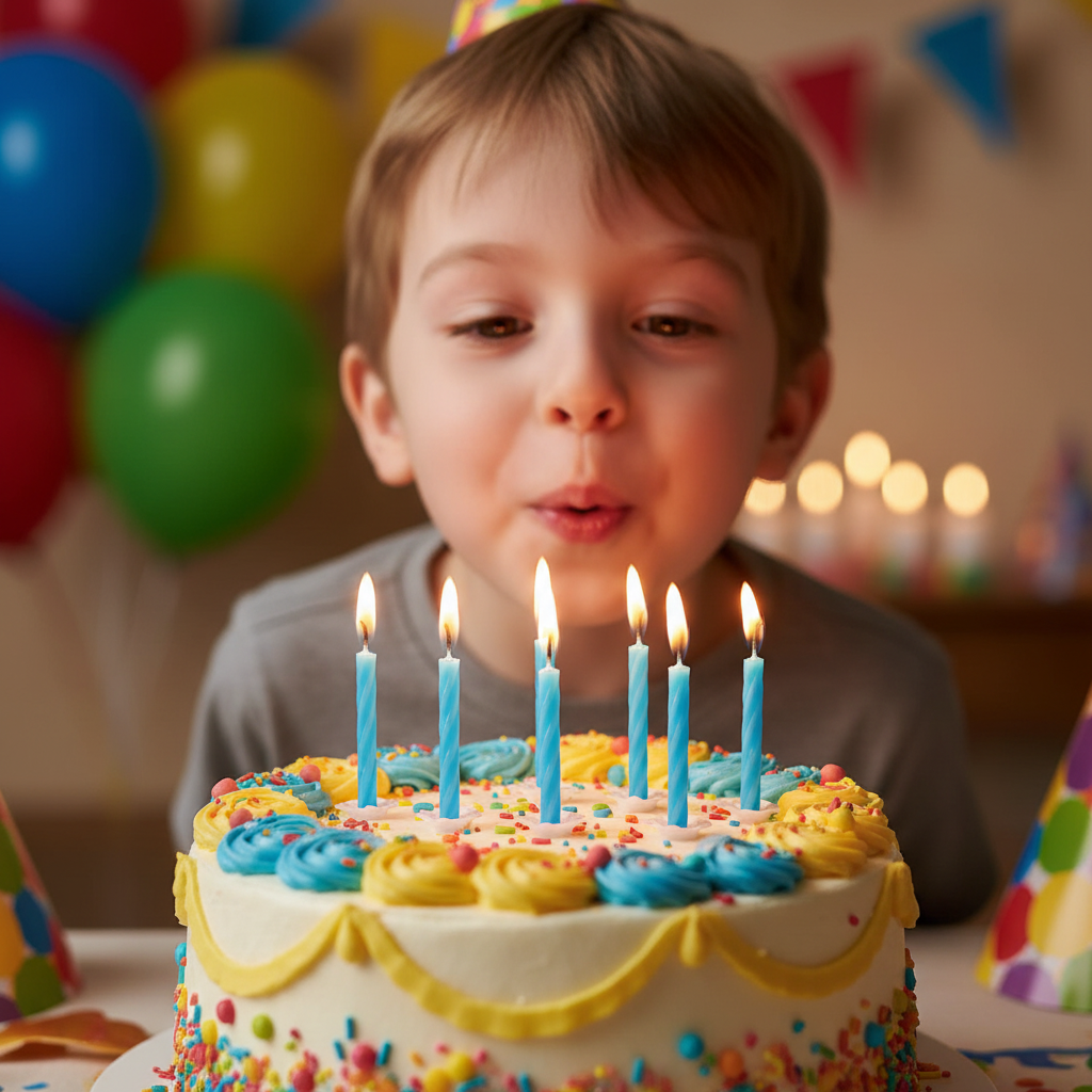 Excited child blowing out lit blue birthday candles on a decorated birthday cake at a party