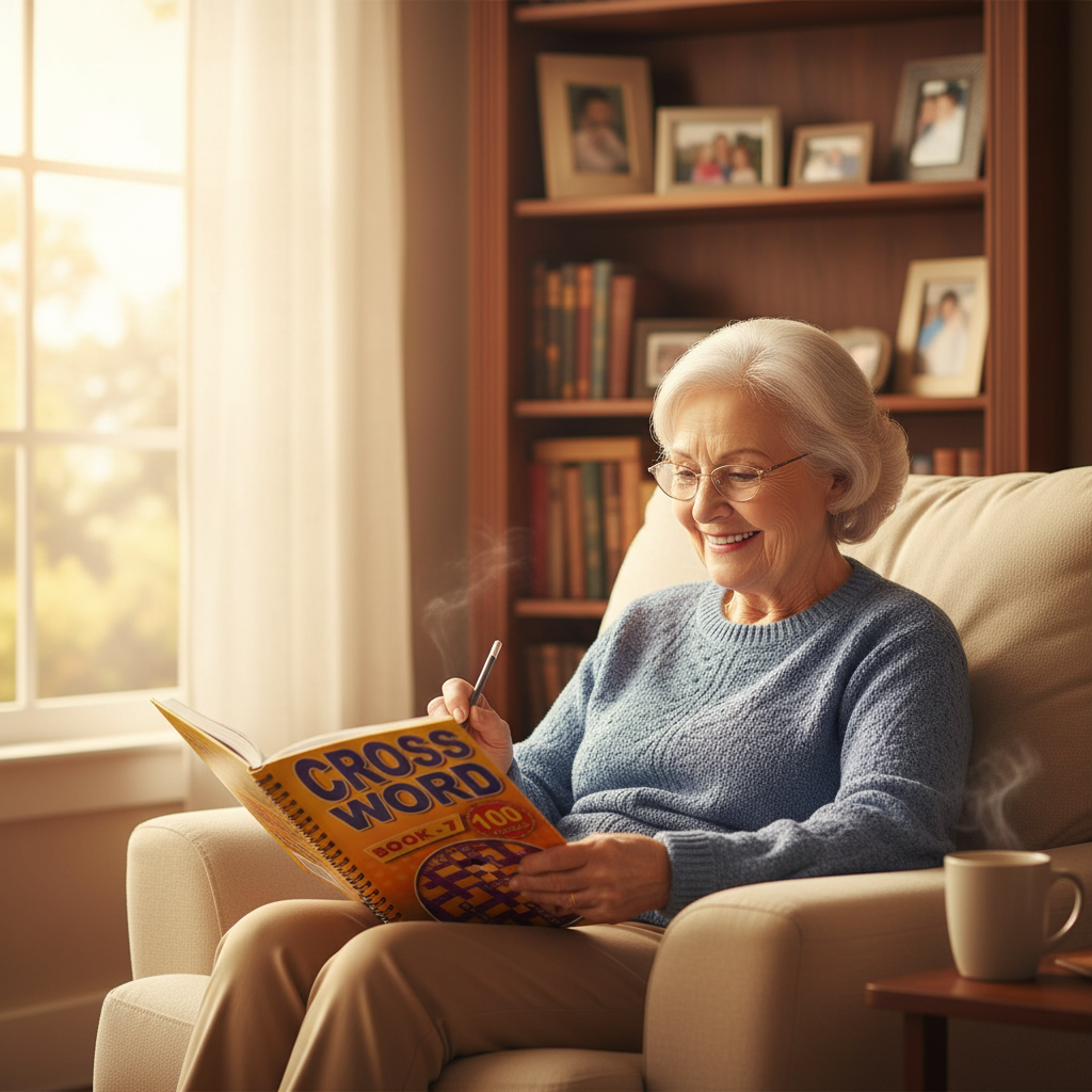 Woman relaxing in armchair solving crossword puzzle book - Why Not Shop