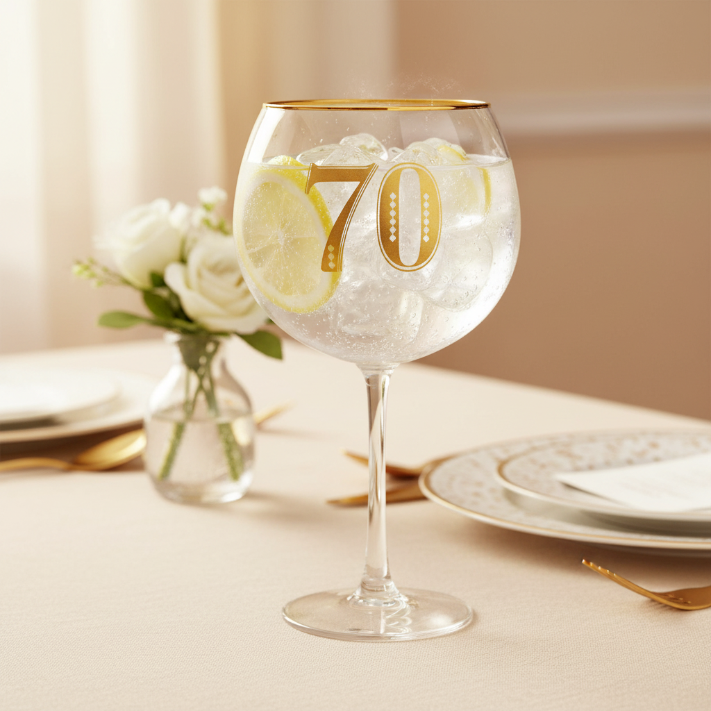 Art Deco 70th Birthday Gin Glass filled with gin and tonic on a beautifully set celebration table