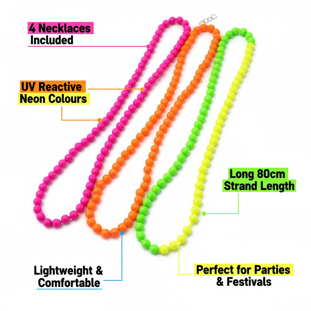 1980s neon bead necklace set feature infographic showing 4 necklaces included, UV reactive colours, long strand length, lightweight and comfortable