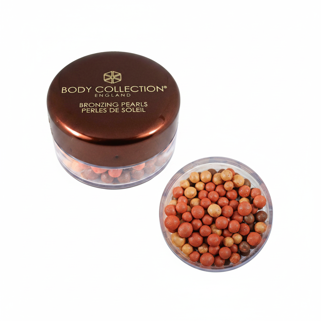 Body Collection Bronzing Pearls 50g — studio hero shot on white background showing open jar with terracotta, golden-sand and espresso shimmer pearls and chocolate brown metallic lid