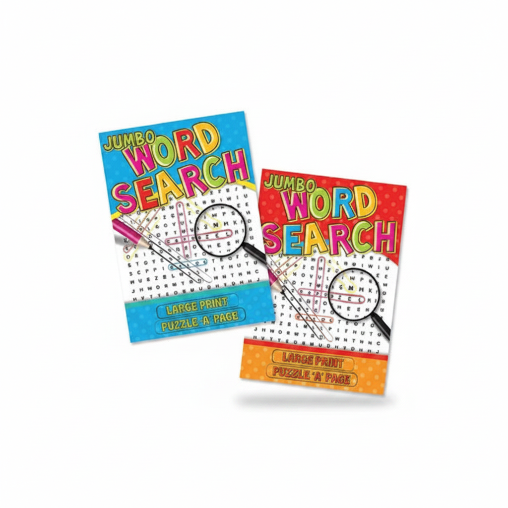 Jumbo Word Search Large Print Book on white studio background — two books with cyan/teal and red covers with magnifying glass